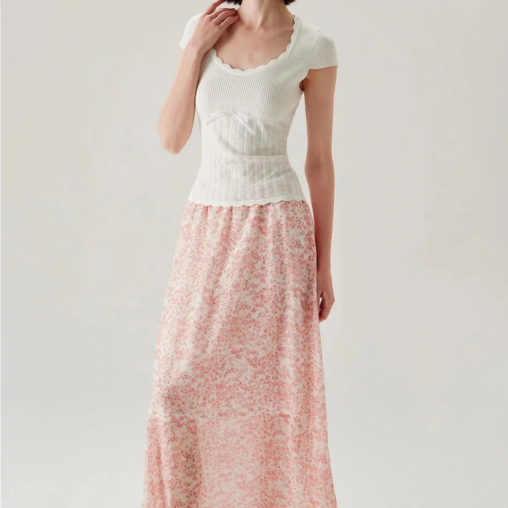 Rihoas Pink Floral Elastic Waist Flared Skirt - Picture 4 of 8